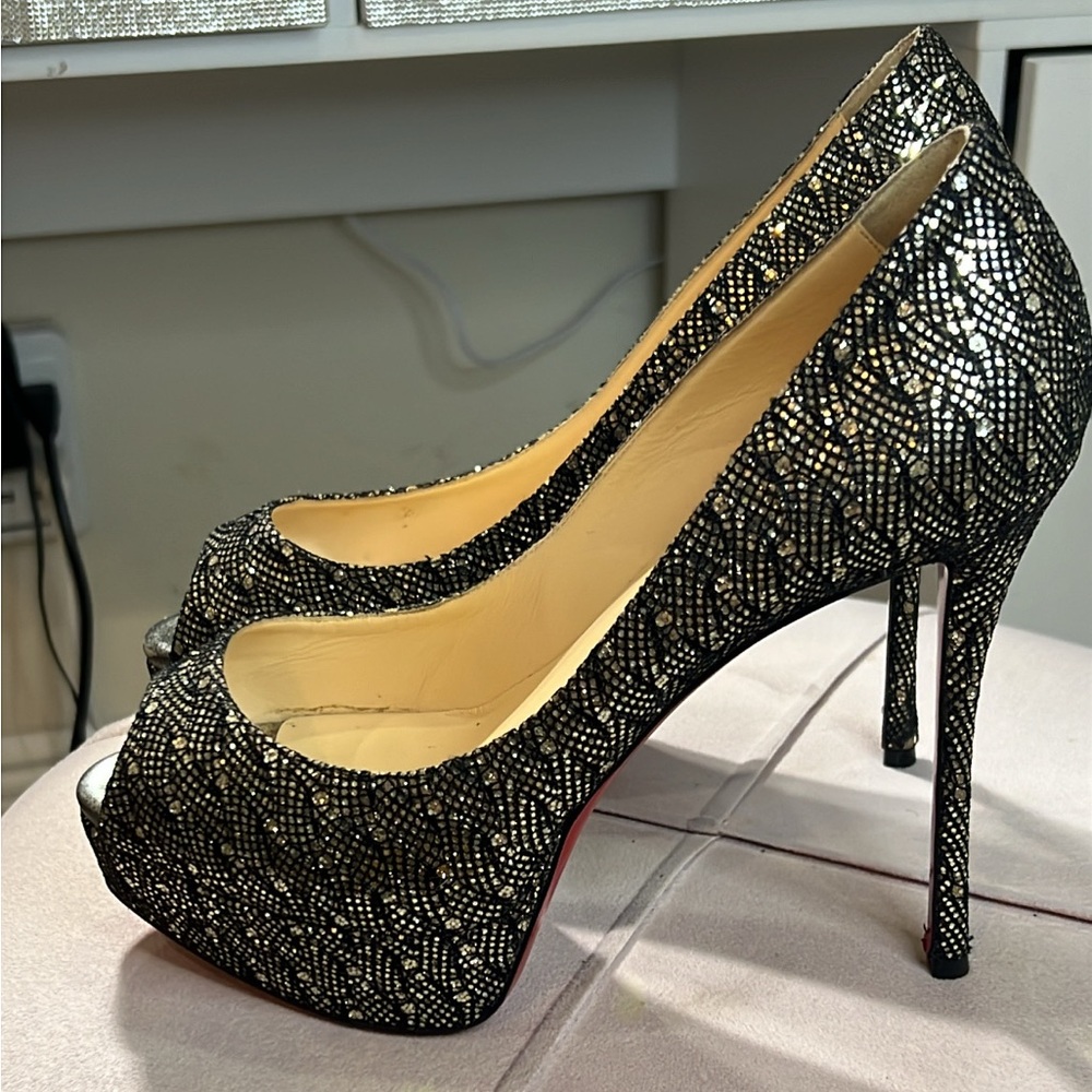 Christian Louboutin fetish peep pumps glitter fabric 39-USA 8